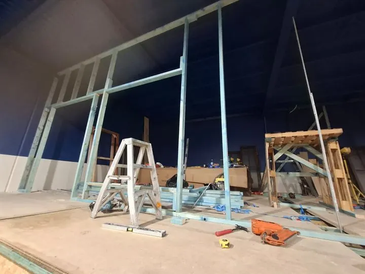 Steel-stud framing for a mezzanine office in a warehouse